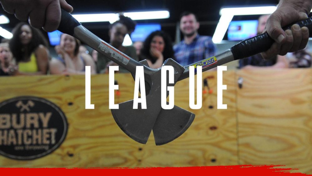 Bury The Hatchet Axe Throwing League Page Header Image. Two axes touching together with axe throwing competitors in background